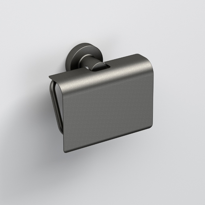 Close up product image of the Origins Living Tecno Project Gunmetal Toilet Roll Holder with Flap